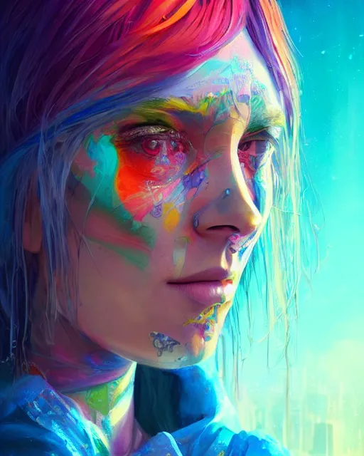 Image similar to colorful character portrait of a female hippie, set in the future 2 1 5 0 | highly detailed face | very intricate | symmetrical | cinematic lighting | award - winning | painted by mandy jurgens | pan futurism, dystopian, bold colors, cyberpunk, groovy vibe, anime aesthestic | featured on artstation