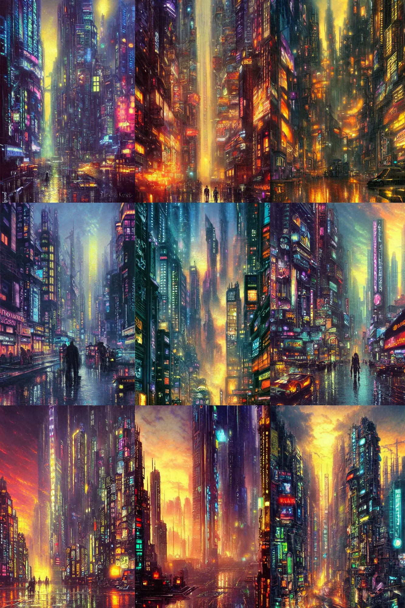 Prompt: cyberpunk city, style of blade runner, painting by thomas kinkade