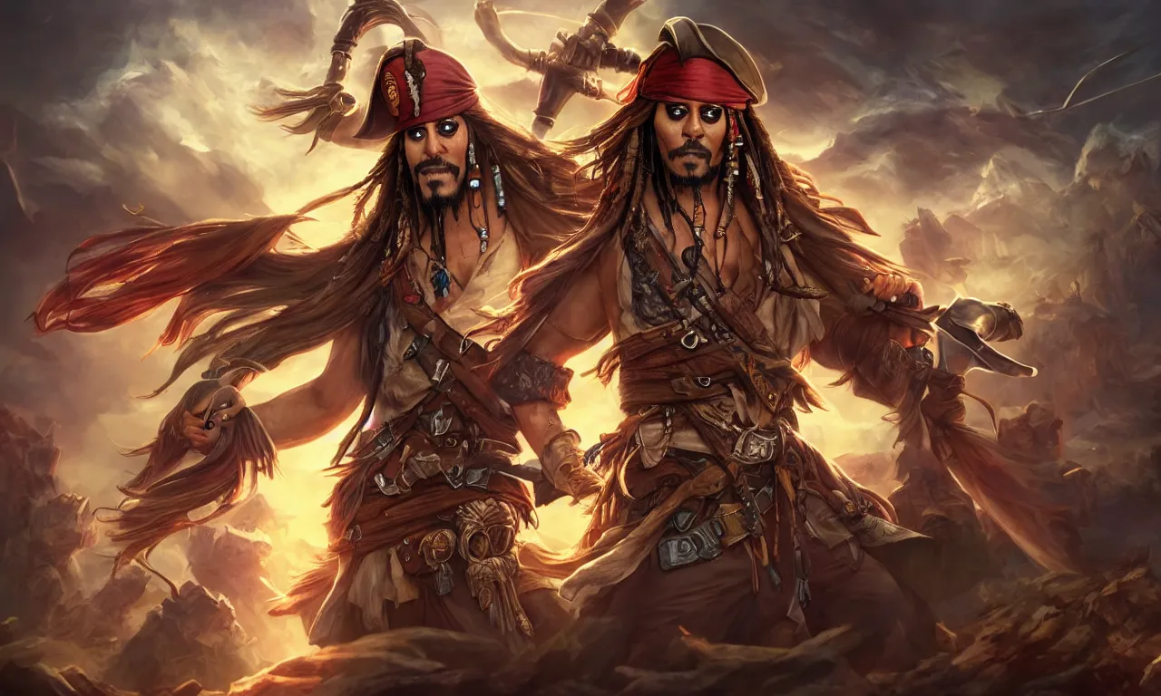 Image similar to jack sparrow as a league of legends character, champion splash art, mixed media, digital art, trending on artstation, 8k, epic composition, highly detailed, AAA graphics