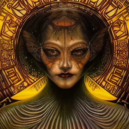 Prompt: beautiful closeup portrait of an art deco witch, glowing eyes. reflective detailed textures, moth wings, highly detailed dark fantasy science fiction painting by diego rivera and annie swynnerton and jean delville and saturno butto and michael whelan, elaborate geometric ornament, ancient runes, silver and cool colors. artstation