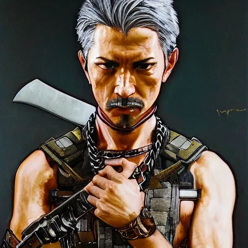 Image similar to portrait of a hero holding his sword in front of his face by yoji shinkawa, high quality, extra details, realism, ornate, colored, golden chain, blood, white skin, short hair, brown eyes, vivid, sunlight, dynamic, american man, freedom, white american soldier, painting, hidden face, twin snakes