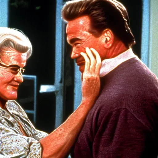 Prompt: arnold schwarzenegger as mrs. doubtfire saying hello