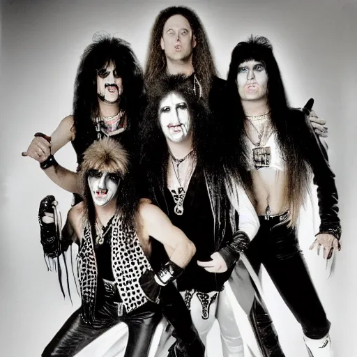 Image similar to a 1 9 8 0 s hair metal band with exaggerated stage makeup, promo photo, fine detailed, photorealistic, portrait