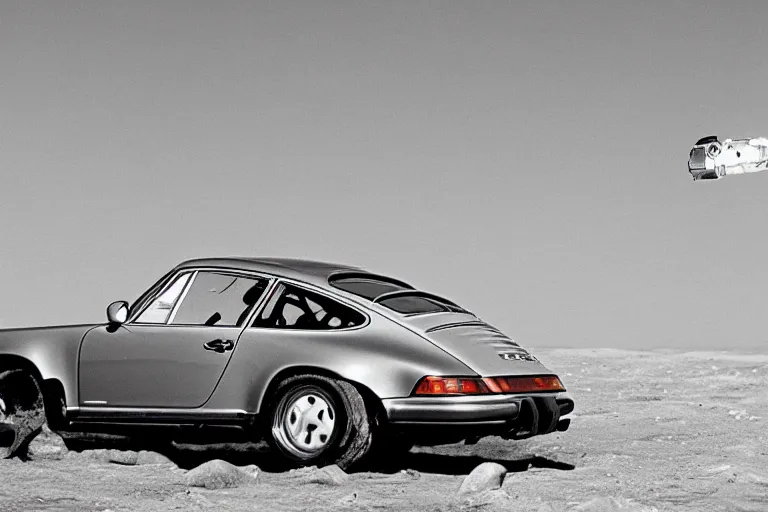 Prompt: vintage photo of a porsche 911 rover on the moon being driven by an astronaut. wide shot. apollo moon landing