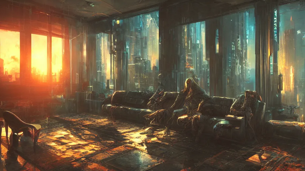 Image similar to Cyberpunk interior, living room, sunset, painted by seb mckinnon, high detail, digital art, trending on artstation