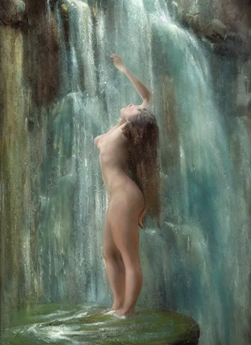 Prompt: painting of a goddess showering in a waterfall, unclothed but veiled in mist, detailed, stylized, loose brush strokes, pastel colors, blue and green hues, by Jeremy Mann, intricate, beautiful