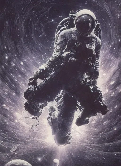 Image similar to astronaut in dark void underwater - complex and hyperdetailed technical suit design. reflection and dispersion materials. rays and dispersion of light. volumetric light. f / 3 2. noise film photo. flash photography. ultra realistic, 5 0 mm. poster by wayne barlowe, hajime sorayama aaron horkey, craig mullins