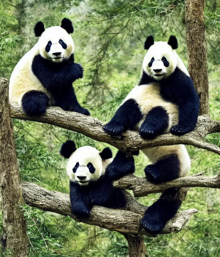 Prompt: Panda sitting on top of a trimmed tree enjoying a view of a forest. Storybook illustration,