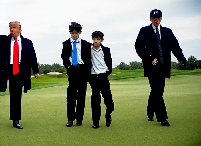 Image similar to criminal Donald Trump taken away by two young FBI agents at golf course, photo by Alex Webb