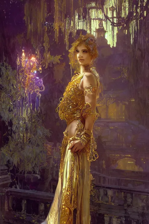 Image similar to a girl emperorit is decorated with long robes that fall like golden stars, an ostentatious palace and garden are seen in the background. by jeremy mann and alphonse mucha, fantasy art, photo realistic, dynamic lighting, artstation, poster, volumetric lighting, very detailed faces, 4 k, award winning