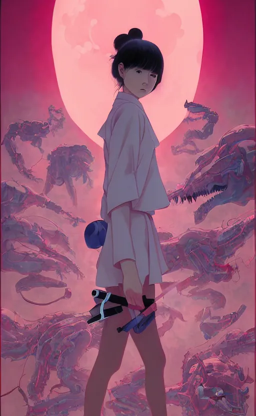 Prompt: Artwork by James Jean, Phil noto and hiyao Miyazaki ; a young Japanese future samurai police girl named Yoshimi battles an enormous looming evil natured carnivorous pink robot on the streets of Tokyo; Japanese shops and neon signage; crowds of people running; Art work by hiyao Miyazaki, Phil noto and James Jean