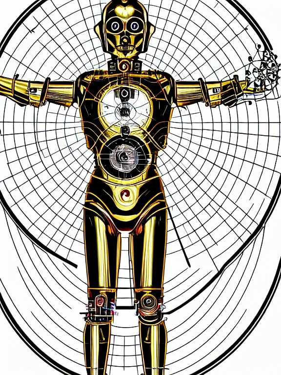 Prompt: vitruvian c 3 po in circle detailed proportions, full details anatomy poster, ultra - detailed, annotations handwritten, scientific schematics, proportions on a circle, blueprint, hyperdetailed vector technical documents, callouts, archviz, legend, patent registry