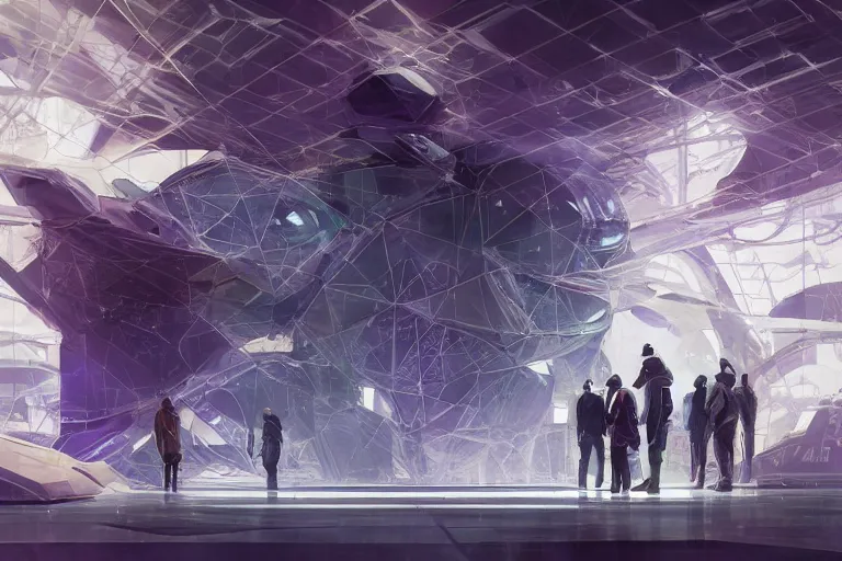 Image similar to Exhibiton with guests and digital terminals from an artificial intelligence with several geometric shapes with white and purple contours. digital rational painting art by Greg Rutkowski, sci-fi highly detailed, digital concept art, Dimensional cyan gold natural light, sharp focus, Golden Ratio illustration, realistic concept art by Stephen Hickman and James Gurney and Hiromasa Ogura Ghost in the Shell rendered in Octane Render, From the distance