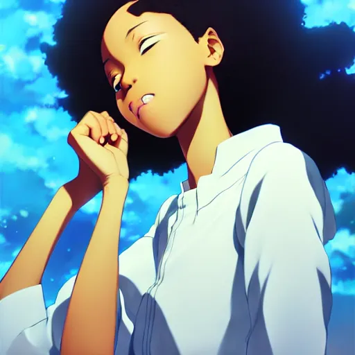 Prompt: portrait of a joyfull black girl with short hair. By makoto shinkai, by leiji Matsumoto, by Julie Bell