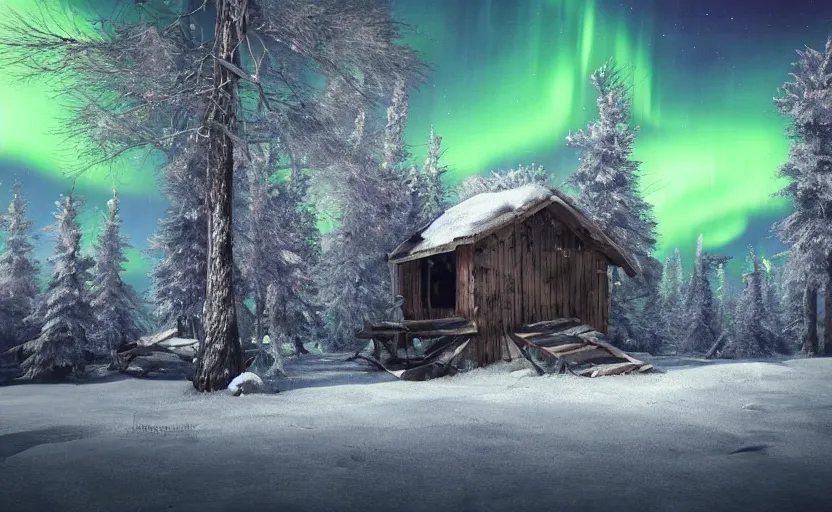 Image similar to A abandoned wooden hut in a winter forest environment concept, northern lights, horror game, artstation
