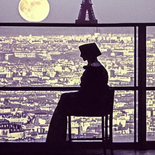 Image similar to a young edwardian woman sits in a window overlooking paris with the eiffel tower visible in the background, the moon is behind the eiffel tower, it's nighttime