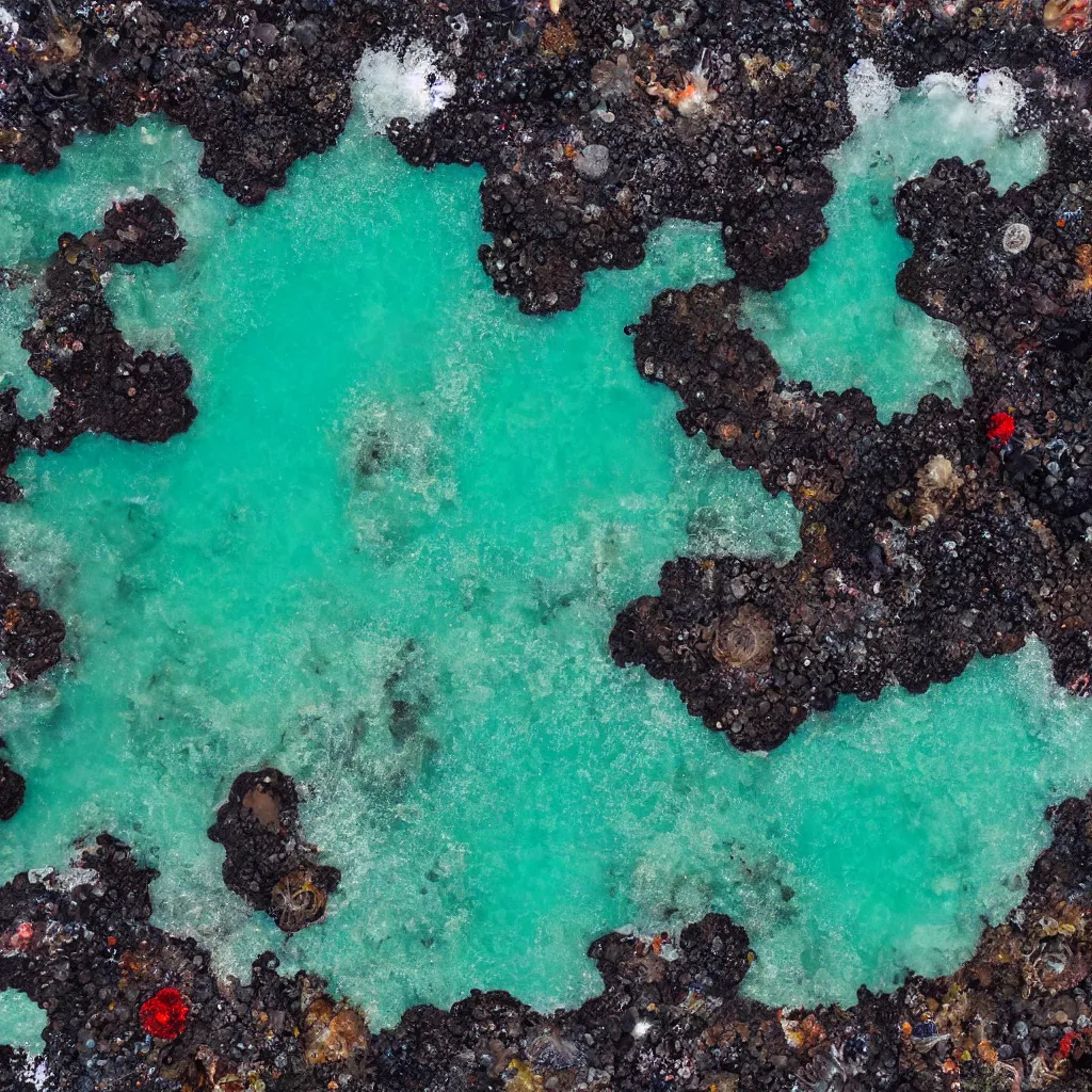 Image similar to birds eye view tide pools, clear pools of water with swirling sea foam and colorful anemones, dark black volcanic rock, floating kelp, small fishes, octopus