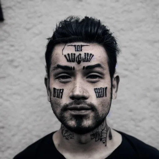 Prompt: man with tattoo of a woman [ stamped onto his forehead ]!! looking down, portrait!!, [ 4 k photorealism ], 8 k quality, trending on unsplash, unsplash contest winner, pinterest tattoos