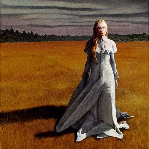 Prompt: Elle Fanning in the painted world of Inception, head and shoulders masterpiece, apocalypse, golden hour, cosmic horror, artstation, in the style of Andrew Wyeth and Edward Hopper and Bosch, extremely detailed