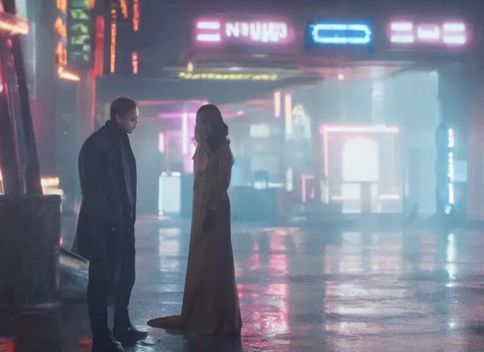 Prompt: a pov shot, color cinema film still kate middleton in blade runner 2 0 4 9, cinematic lighting at night.