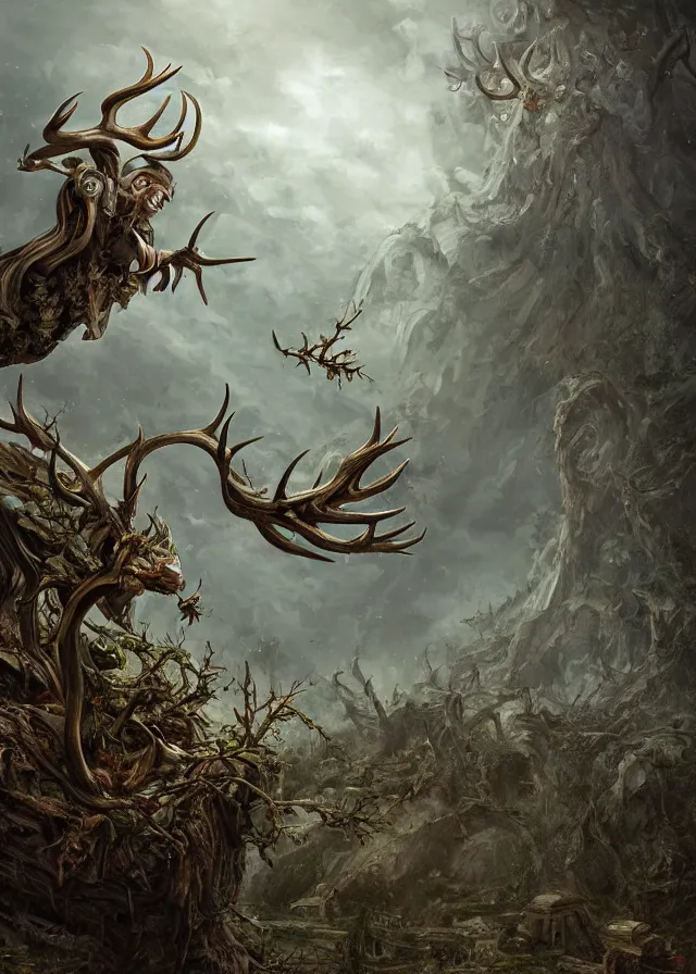 Prompt: a highly detailed painting of a small mysterious central figure levitating in midair with arms outstretched over ancient ruins and surrounded by thorns and antlers made of stone, ominous, foreboding, dark, trending on artstation,