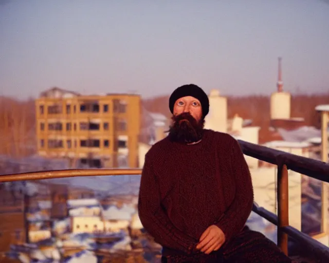 Prompt: lomographic tarkovsky film still of 4 0 years russian man with beard and sweater standing on small hrushevka 9 th floor balcony in taiga looking at sunset, cinestill, bokeh