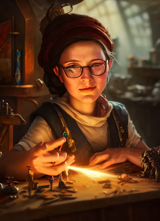 Image similar to An epic fantasy comic book style portrait painting of a young tinker girl working on a device in her workshop, unreal 5, DAZ, hyperrealistic, octane render, cosplay, RPG portrait, dynamic lighting