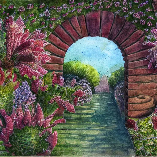 Image similar to delicate boundary walls coastline garden on paper, spirals, stony, floating, puffy, vines, botanical herbarium, botanic watercolors, iridescent, 8 k wide angle, realistic shaded, fine details, artstation, italian, rainbow, colonnade, oak, pinecone, pomegranade, vines, gardena architecture, pompeian, sicilian