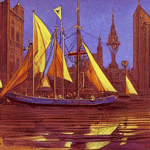 Prompt: lines, kaleidoscopic by eastman johnson, by john tenniel fluorescent purple, scooby doo. a drawing of a tall ship sailing through a cityscape. the ship is adorned with intricate details, while the cityscape is filled with towering palaces & other grand buildings.