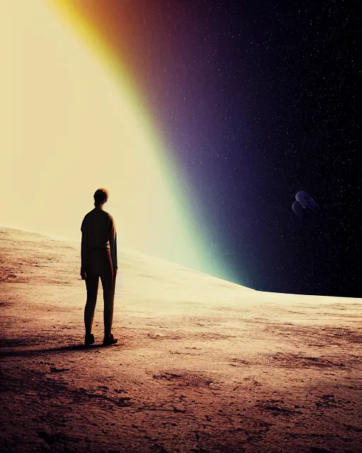 Image similar to a person standing in front of a glowy open door that's on a barren moon, poster art by mike winkelmann, trending on cg society, space art, sci - fi, ue 5, futuristic, volumetric lighting, light casting onto the ground, neat composition and camera angle