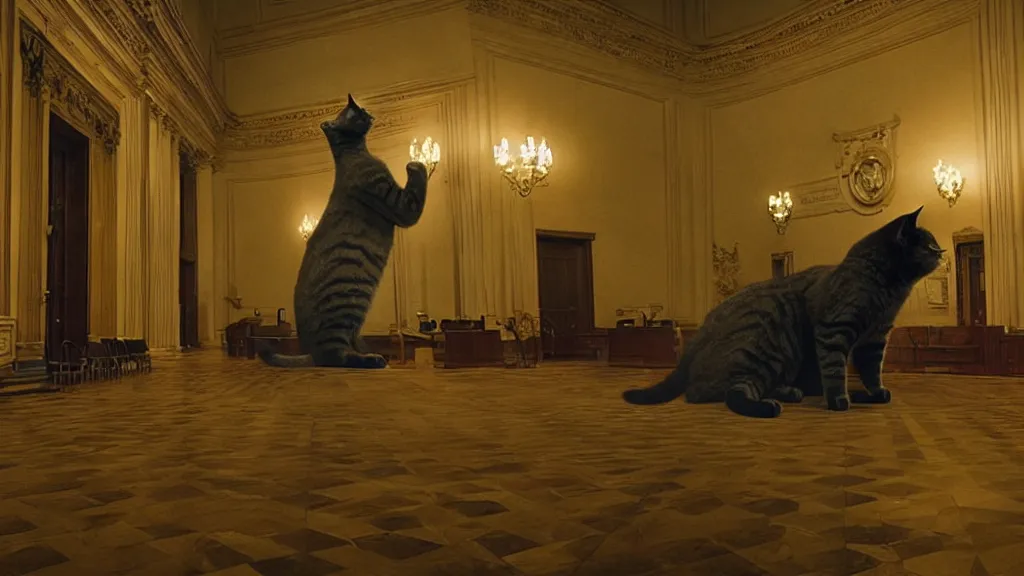 Image similar to the giant cat in city hall, film still from the movie directed by denis villeneuve and david cronenberg with art direction by salvador dali, wide lens