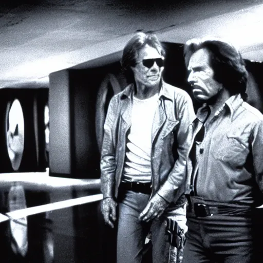 Prompt: movie still, 1 9 8 0 s, harrison ford and john carpenter talking, sci - fi corridor in the background, hyperdetailed, blue leds