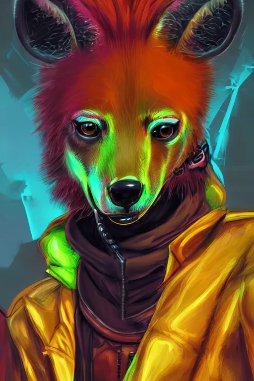 Image similar to digital painting of anthromorphic hyena female, fursona, furry fandom, neon rainy cyberpunk setting, anthro, wearing cyberpunk leather jacket, detailed face,