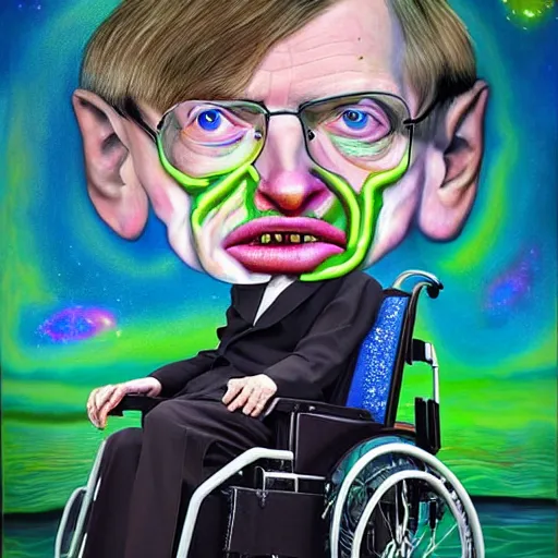 Prompt: A surreal, beautiful painting of Stephen Hawking on Acid, on his wheelchair, floating into the abyss, in the style of Fewocious, hyper realistic, trending on Artstation