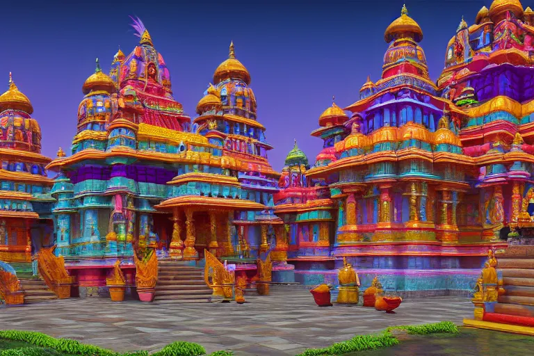 Prompt: photo of a big colorful indian temple in a colorful fantasy landscape, unreal engine, 3 d render, insanely integrate