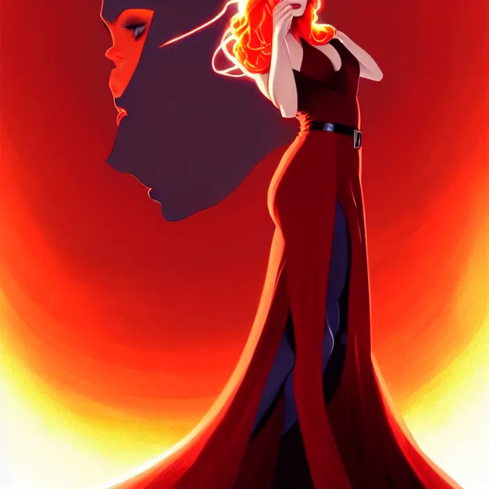 Image similar to style artgerm, joshua middleton, diego fazio, beautiful kristen bell with dark red dress, very long orange hair, symmetrical face, symmetrical eyes, fire powers fire swirling, detailed, volcano setting, cinematic lighting