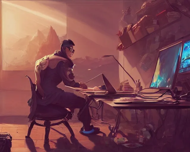 Image similar to an insanely detailed painting of a nerdy asian man wearing a superhero costume, sitting at a desk, staring at the nervously at the computer and typing, in the style of peter mohrbacher, dramatic lighting and composition, octane render, pixar, trending on artstation, concept art, comic book, view from behind