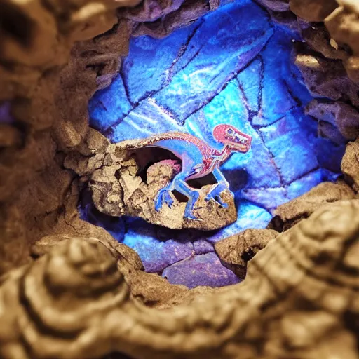 Prompt: photorealistic small dinosaur skeleton inside a geode of colored crystals