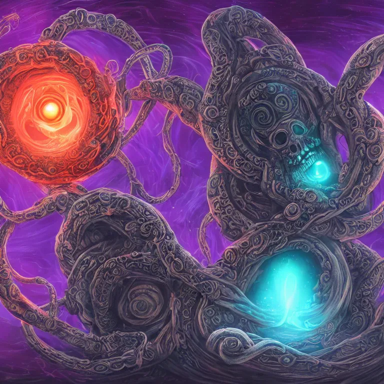 Prompt: a giant skull with intricate rune carvings and glowing eyes with three dimensional symmetrically braided lovecraftian tentacles haunting the mythical cosmos with twirling smoke trails and a endlessly twisting vortex of dying galaxies, digital art, vivid colors, highly detailed