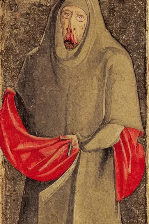 Prompt: medieval man wearing a red sack over his head, bloody, looking at the camera