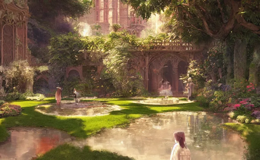 Prompt: Beautiful garden, next to a haven and a mystical palace, intricate, elegant, volumetric lighting, digital painting, highly detailed, artstation, sharp focus, illustration, concept art, ruan jia, steve mccurry