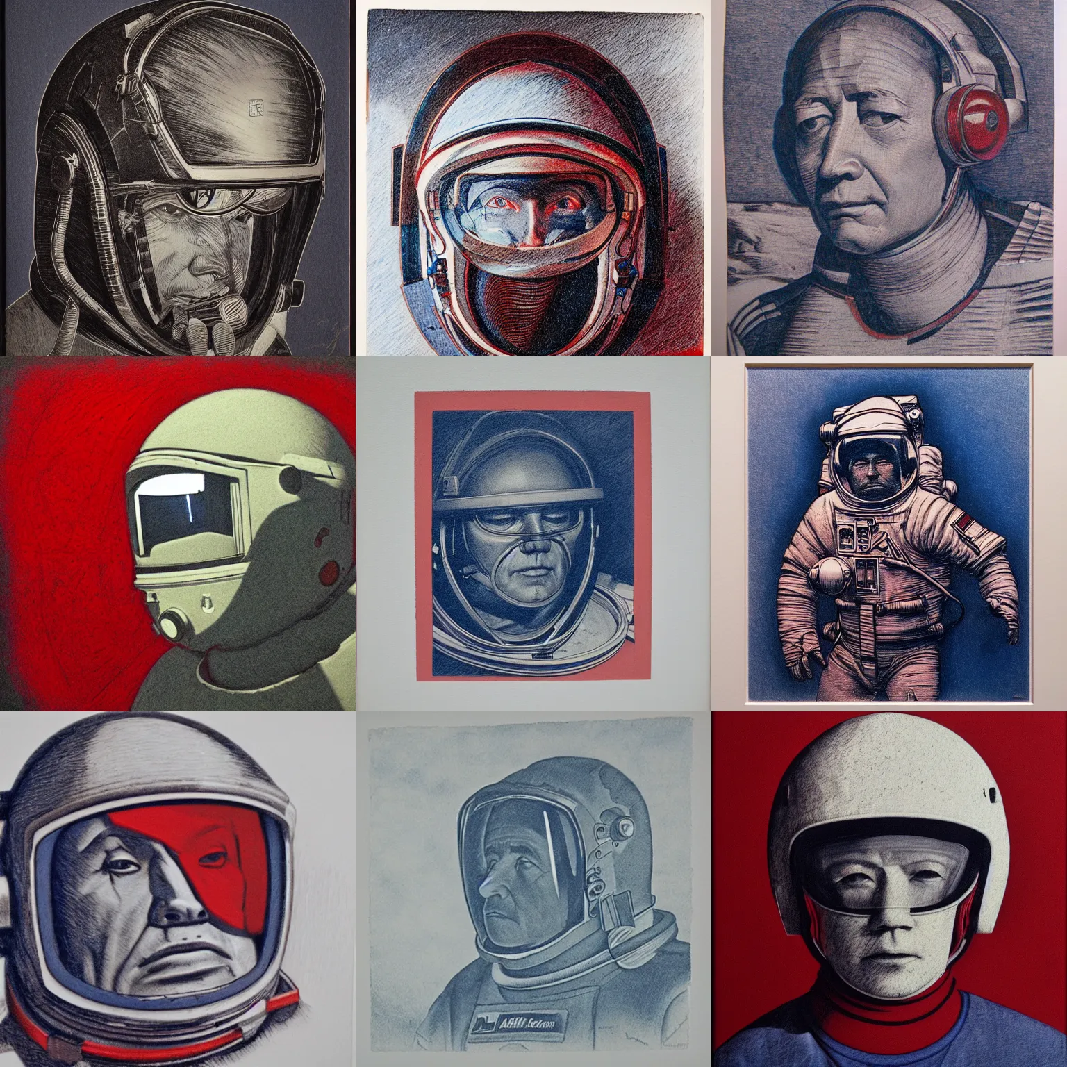 Prompt: inuk realist engraving of astronaut, prussian blue, venetian red, and titanium white, chiaroscuro, stark lighting, high contrat, dynamic linework, crosshatching