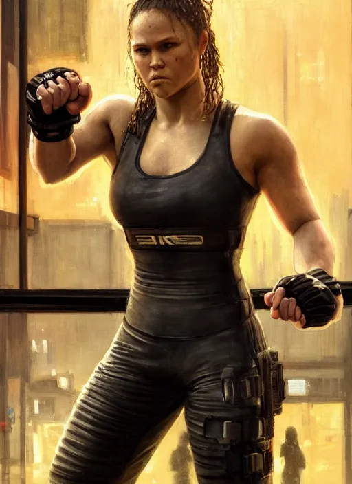 Image similar to ronda rousey teaches self defense. cyberpunk mercenary in a cyberpunk jumpsuit ( blade runner 2 0 4 9, cyberpunk 2 0 7 7 ). orientalist portrait by john william waterhouse and james gurney and theodore ralli and nasreddine dinet, oil on canvas. cinematic, hyper realism, realistic proportions, dramatic lighting, high detail 4 k