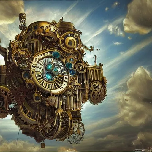 Image similar to flying city in a mechanical flower, sky!, fantasy art, steampunk, masterpiece