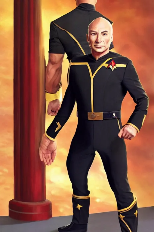 Image similar to full body digital portrait of bodybuilder captain jean - luc picard, starfleet uniform, smooth, elegant, sharp focus, highly detailed