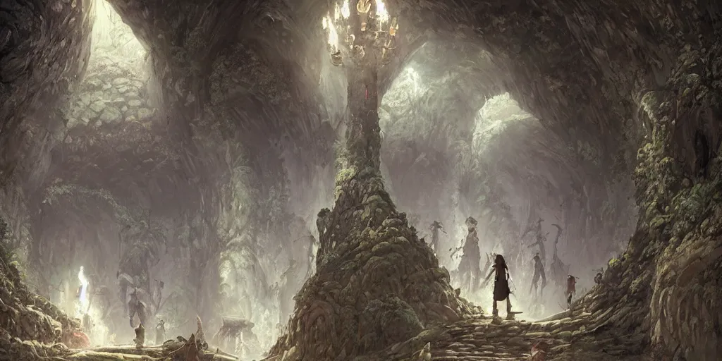 Image similar to drawfs trek along a path in an immense underground cavern, lit by magical light, giant mushrooms, dark fantasy, Greg Rutkowski and Studio Ghibli and Ivan Shishkin