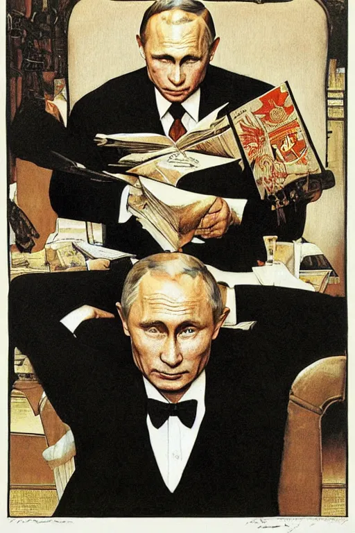 Image similar to vladimir putin. masonic lithography by norman rockwell