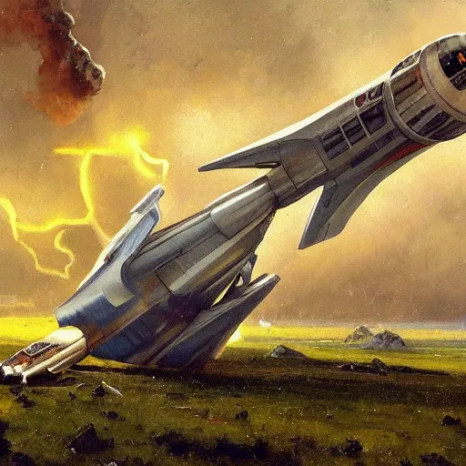 Prompt: a russian spaceship stuck in the ground, the spaceship is on fire, smoke, rainstorm, lightning, angry, kinetic, john sargent, adolphe bouguereaum, norman rockwell, style by peter deligdisch, concept art by jama jurabaev, trending on artstation, highly detailed oil painting,