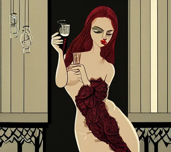 Prompt: she stood by the hotel room window, gazing over the city, beams of moonlight illuminated her figure through her tight silk cocktail dress and gloves, holding a glass of red wine, beautiful and captivating, pensive, intricate, highly detailed, digital art, tight fit, art by logan cure, elias chatzoudis