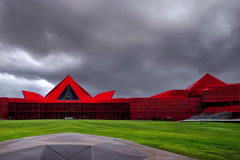 Image similar to award winning photo of the australian parliament house architecturally designed with strong sinister and occult masonic design, heavy red storm clouds